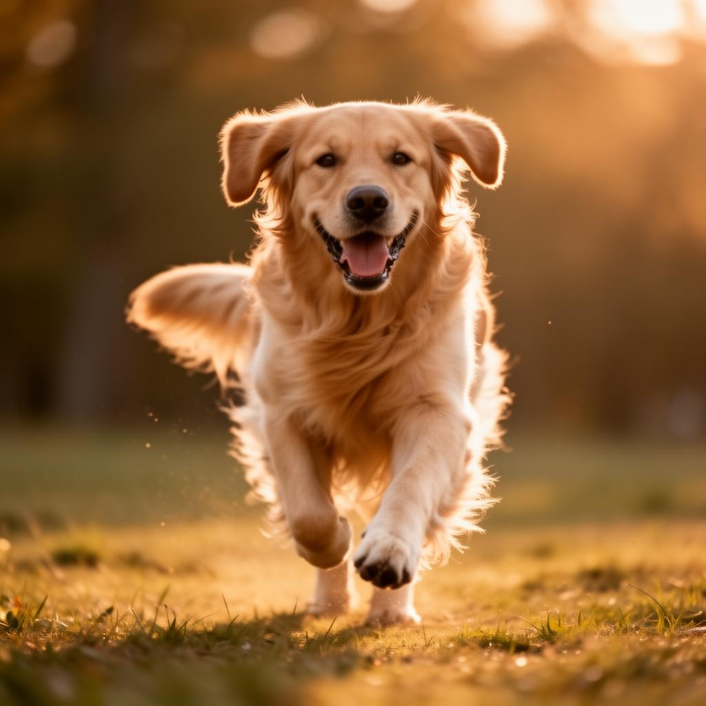 Cão golden retriever feliz correndo em direção à câmera